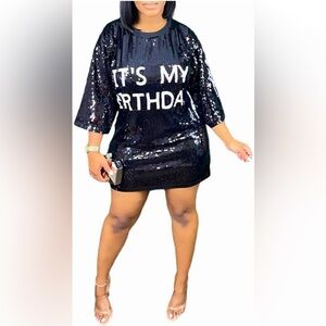 Black Shimmer Sequin “IT’S MY BIRTHDAY” Shirt/Dress XXL Half Sleeve Hand Wash